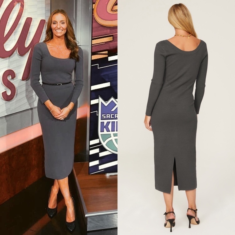 TOCCIN 90s Charcoal Rib Knit Square Neck Long Sleeve Midi Sheath Sweater Dress M - Picture 2 of 6